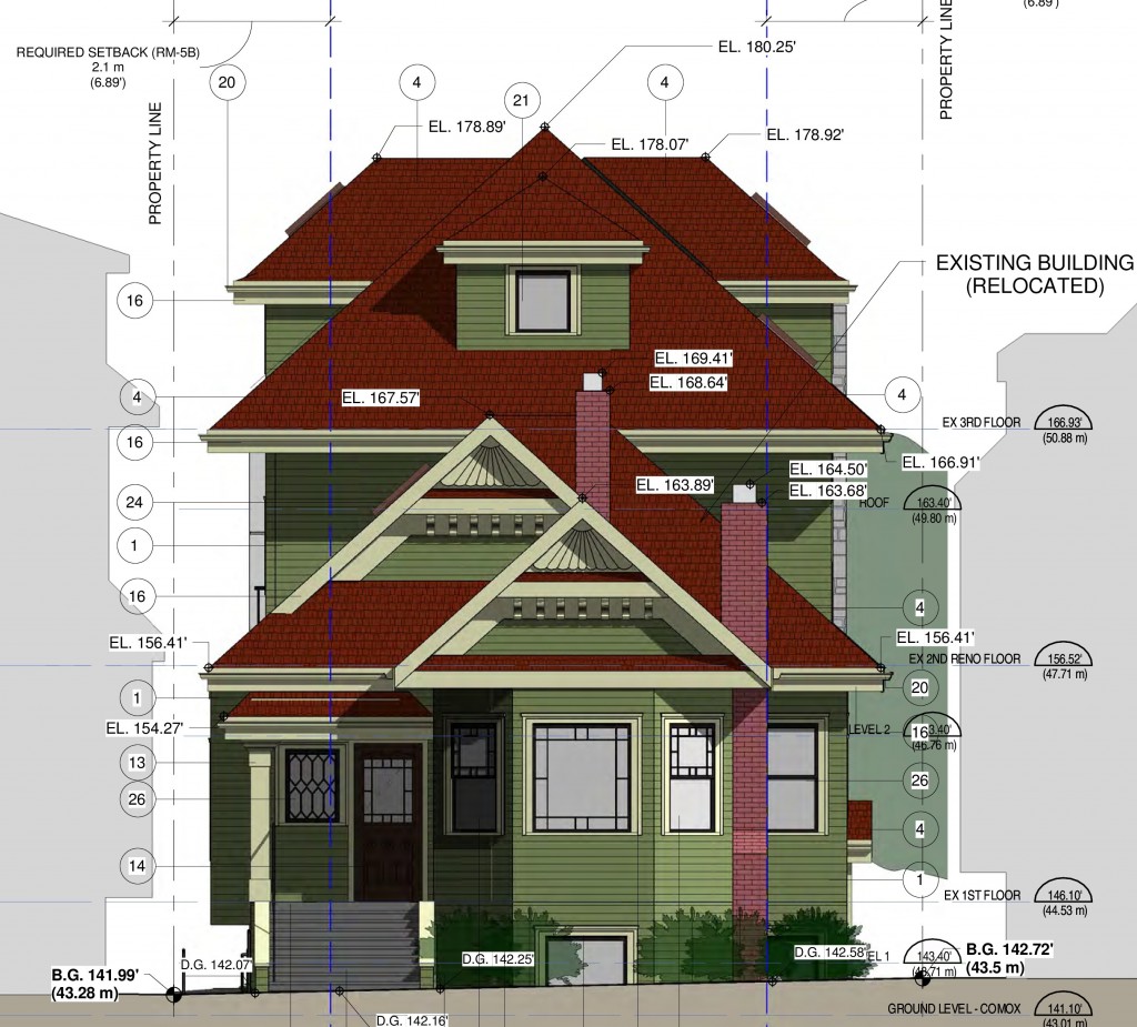 The proposed new building will dominate the heritage streetscape on Comox Street